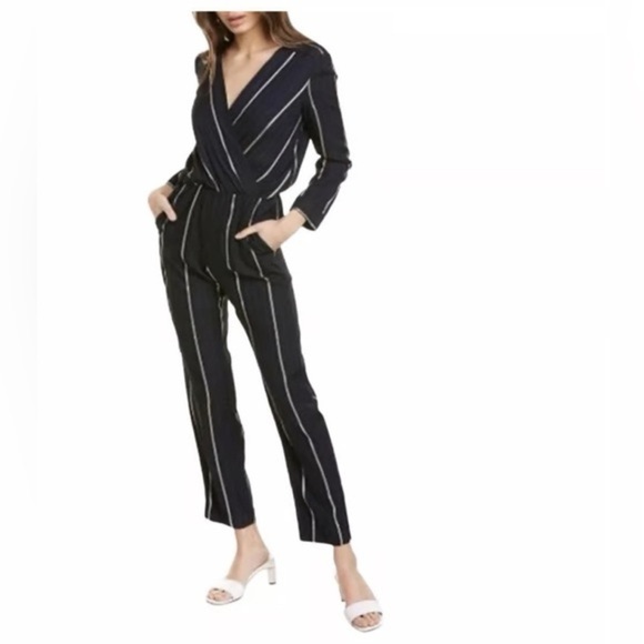 Maje Pandora Navy Blue Woven Stripe Twill Jacquard Jumpsuit Panti Marine Sz 38 M - Picture 4 of 14